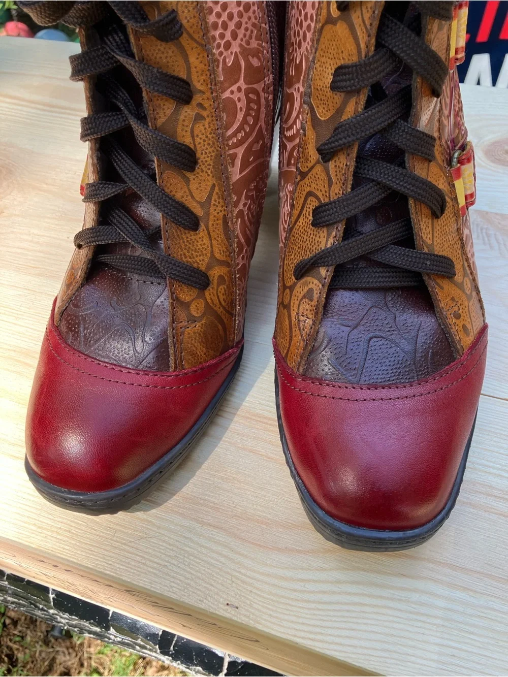Women's Floral Embossed Red & Brown Lace-Up Ankle Booties size US 7.5-8